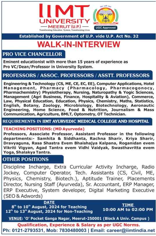 IIMT University, Meerut Teaching & Non-Teaching Job 2024